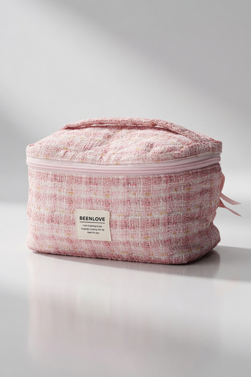 Rosa Kosmetiktasche aus Tweed mit Henkel – Beauty Organizer