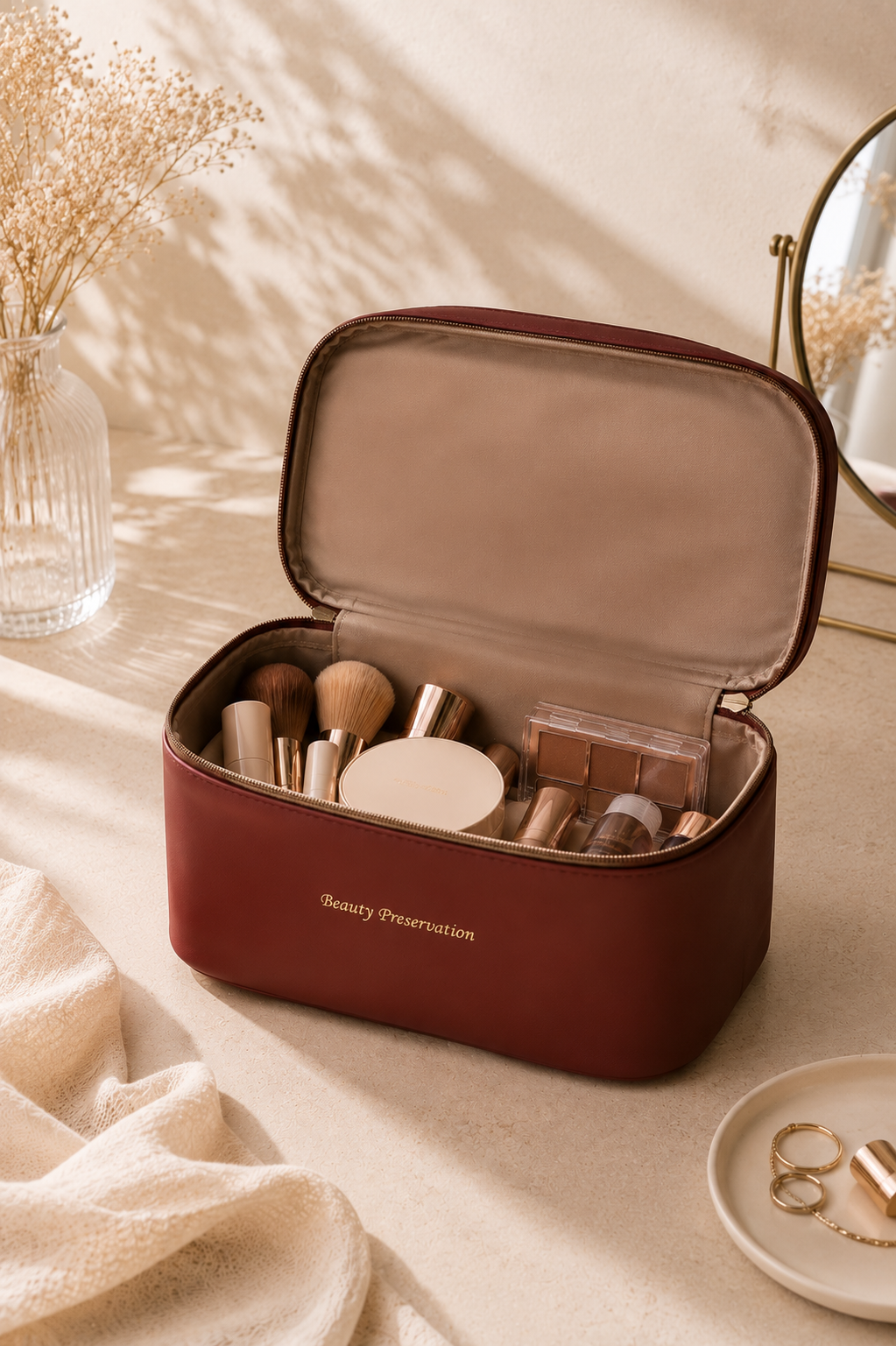 Braunes Beauty Case mit Henkel – Kosmetik-Organizer
