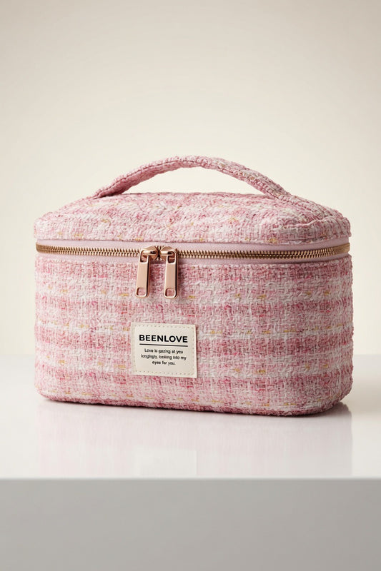 Rosa Kosmetiktasche aus Tweed mit Henkel – Beauty Organizer