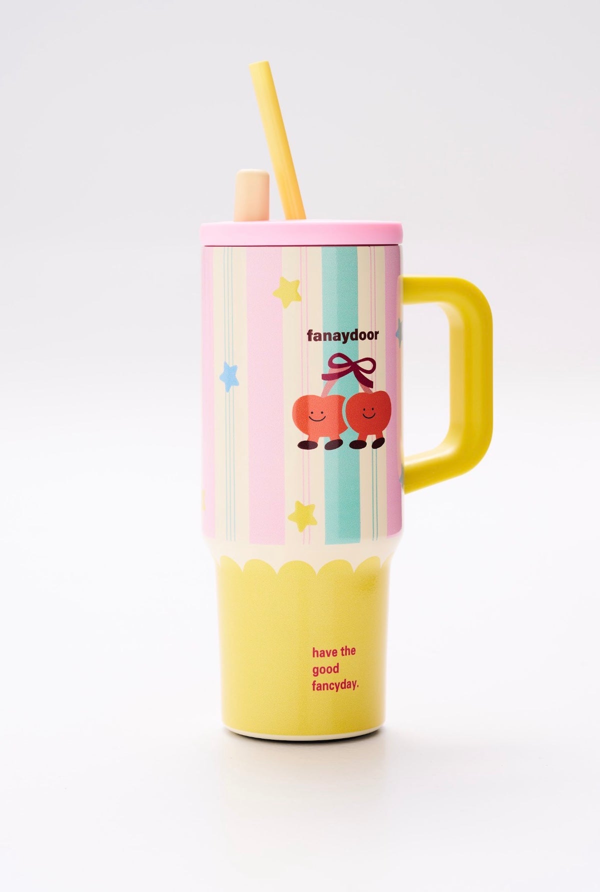 Titel: Rosa-gelber Thermobecher mit Kirschen & Strohhalm