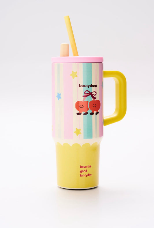 Titel: Rosa-gelber Thermobecher mit Kirschen & Strohhalm