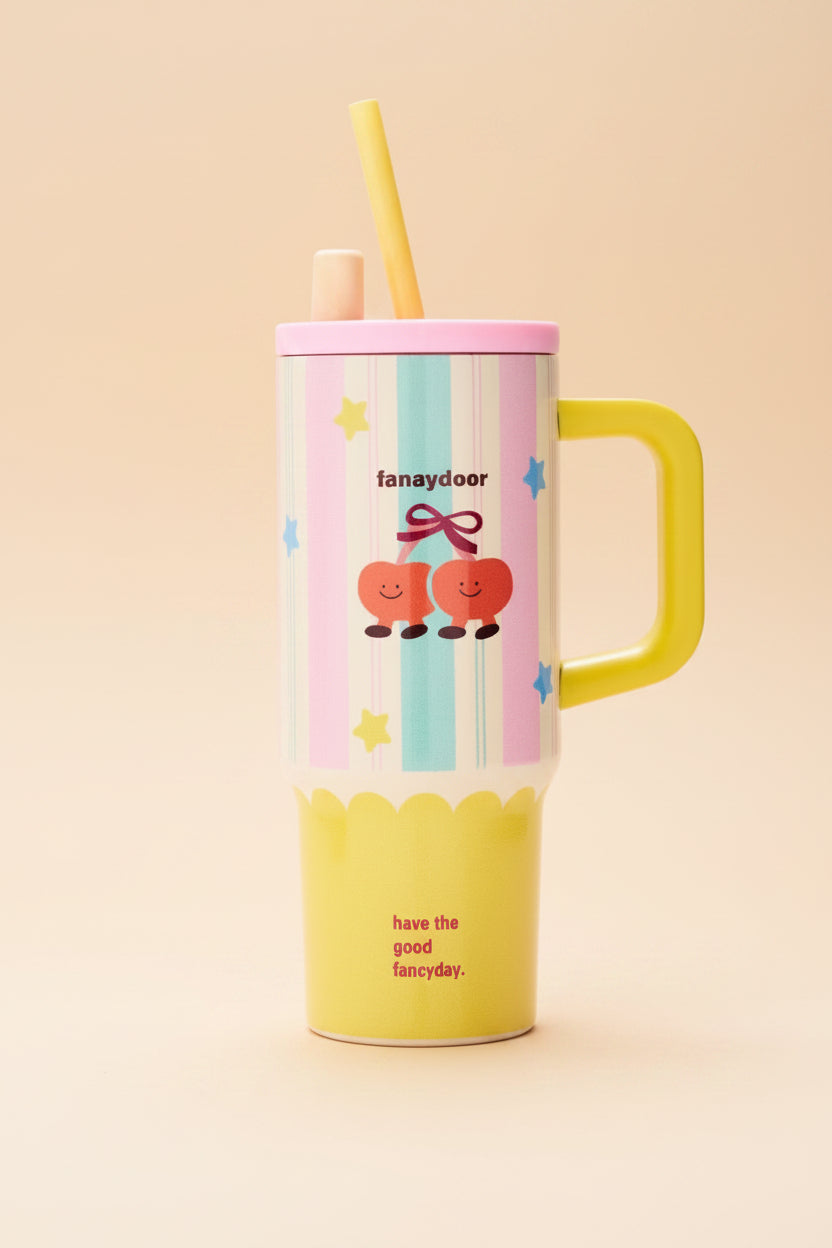 Titel: Rosa-gelber Thermobecher mit Kirschen & Strohhalm