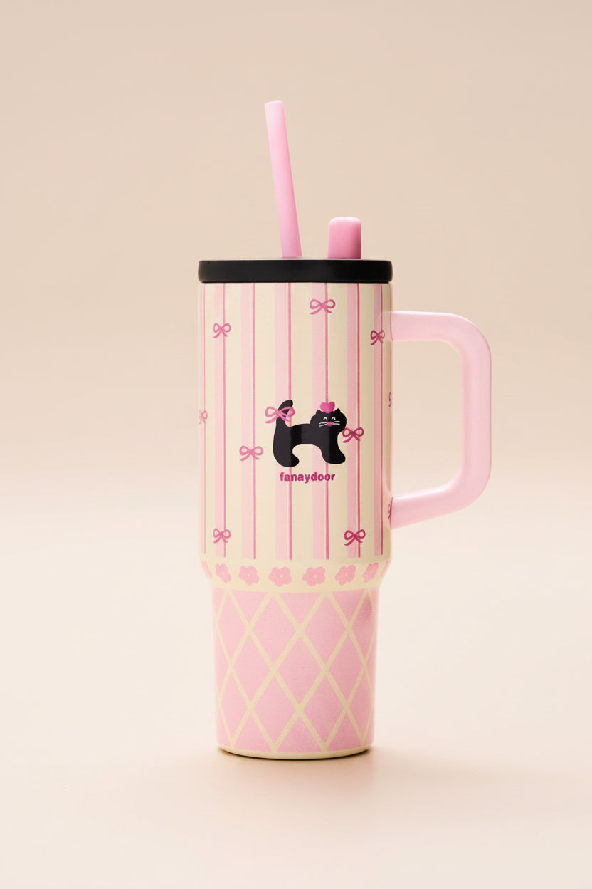 Rosa Thermobecher mit Schleifen & Katze